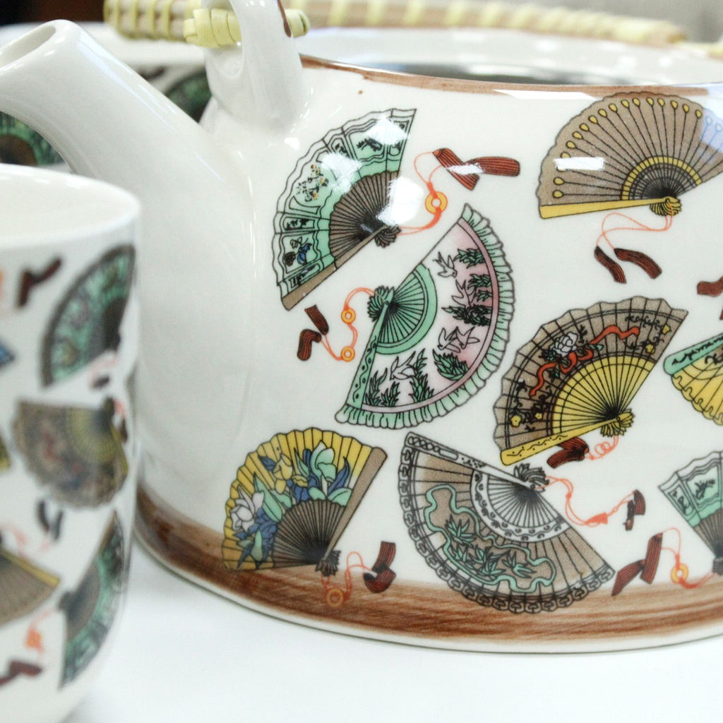 Herbal Teapot Set with China Fans Design and Six Matching Cups
