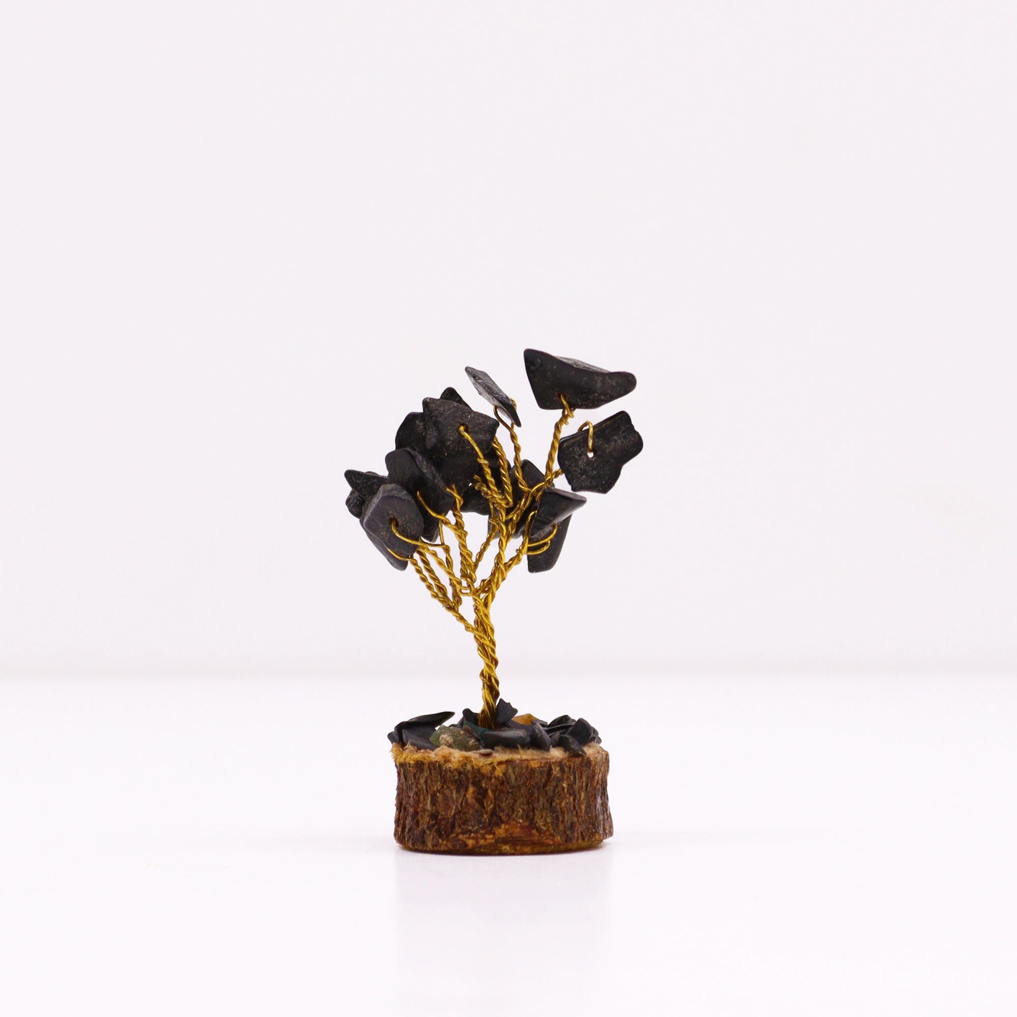 Mini Gemstone Tree on Wood Base with 15 Black Agate Stones