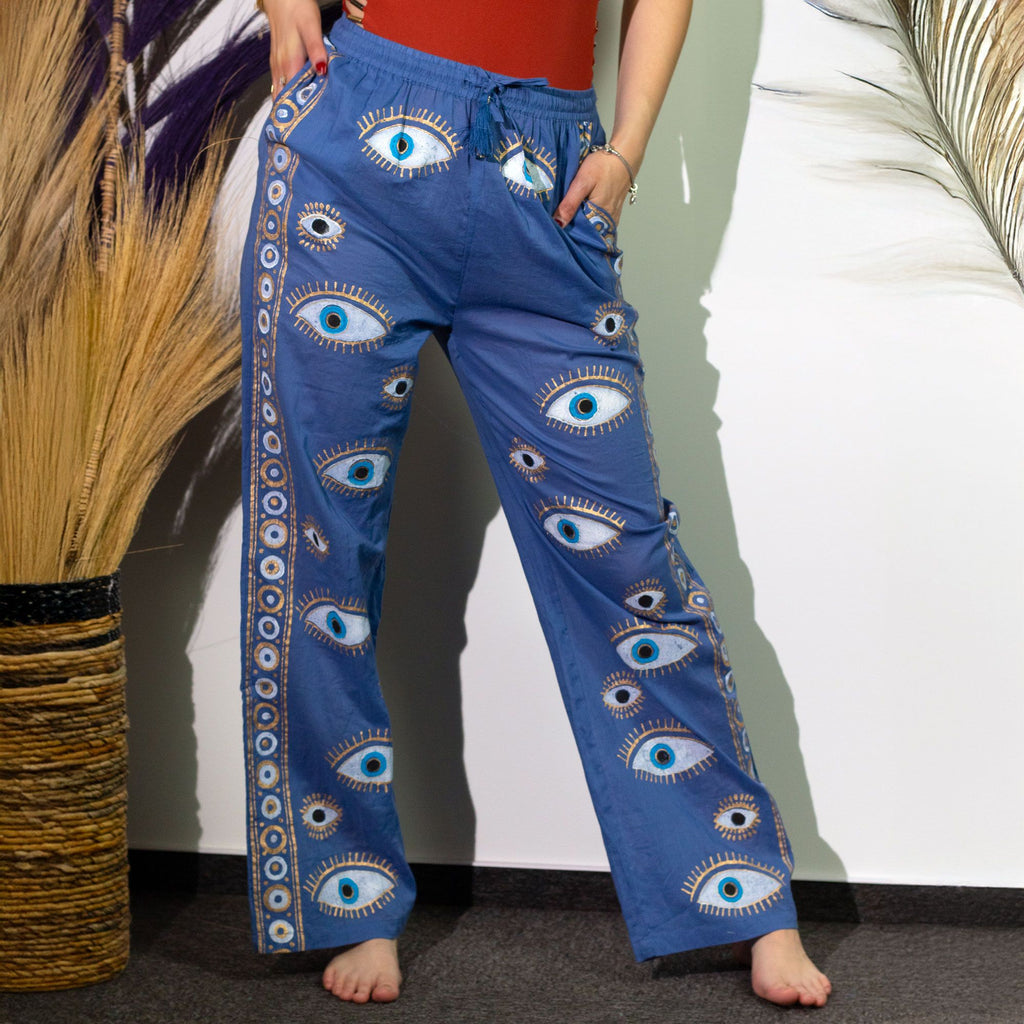 Nomad Sari Lounge Pants L/XL in Rich Blue with Gold Evil Eye Design