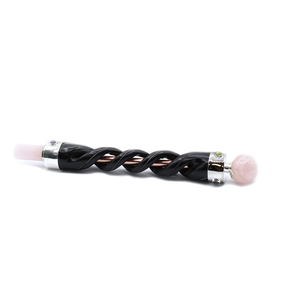 Spiral Carving Healing Wand with Copper Pipe and Rose Quartz Design