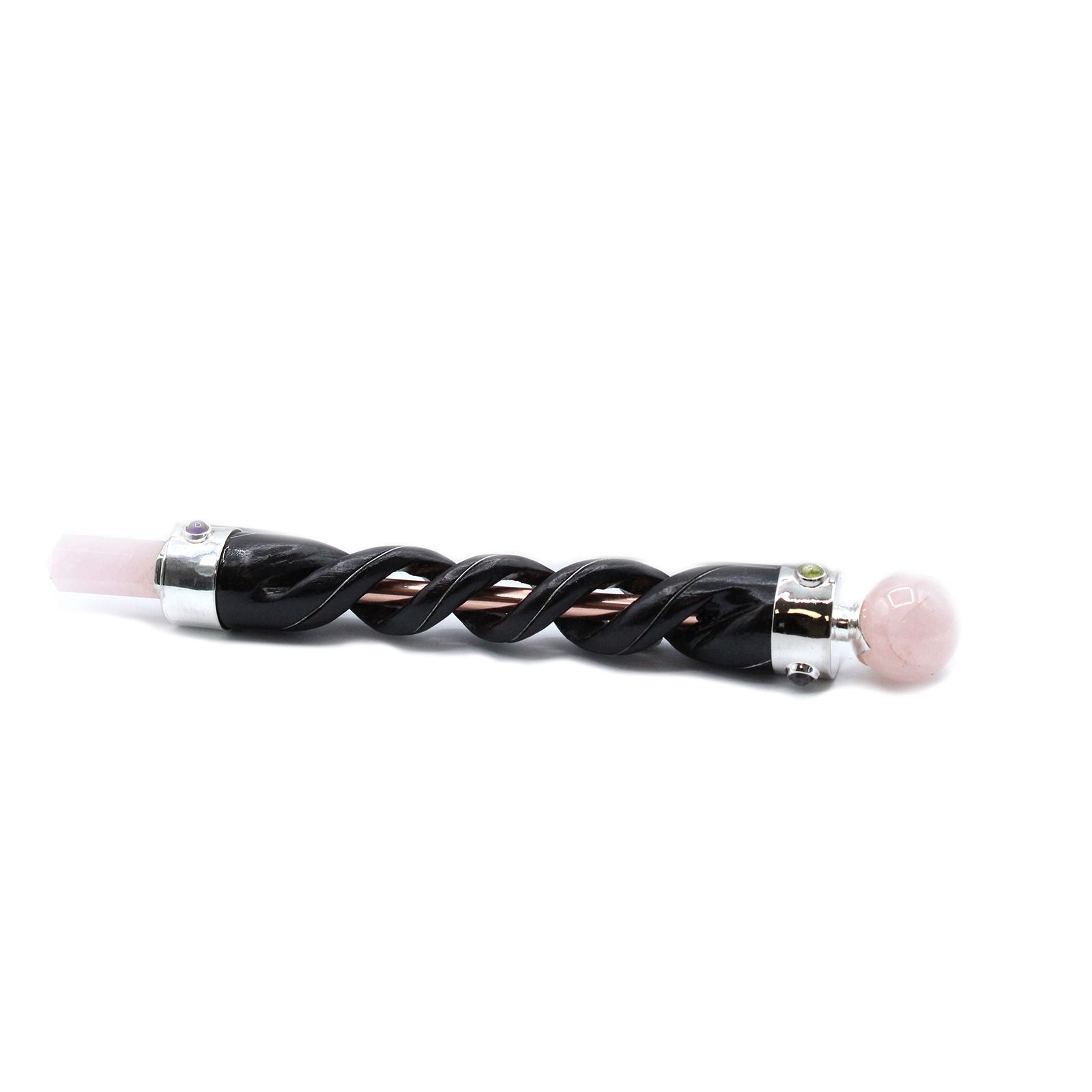Spiral Carving Healing Wand with Copper Pipe and Rose Quartz Design