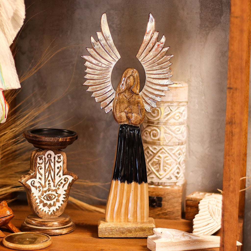Large Mango Wood Guardian Angel with Metal Wings & Enamel Detail