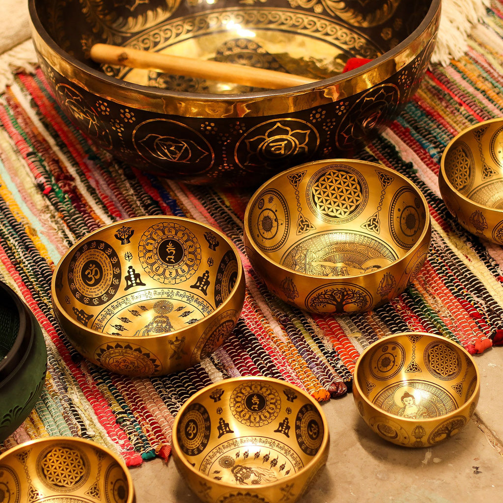 Pure Brass Etched Yogi Set of 4 Singing Bowls for Meditation