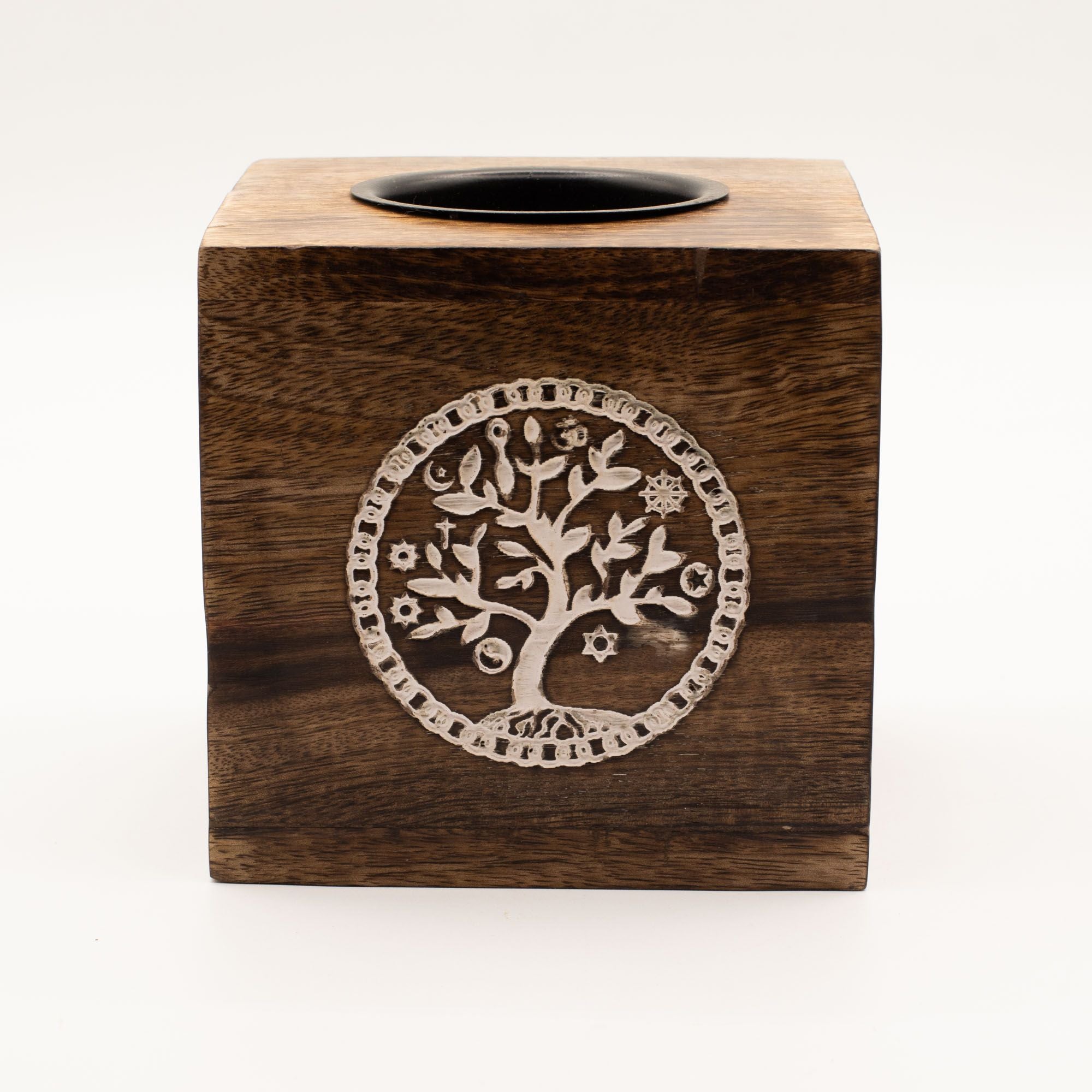 Large Square Mango Wood Oil Burner with Tree of Life Design