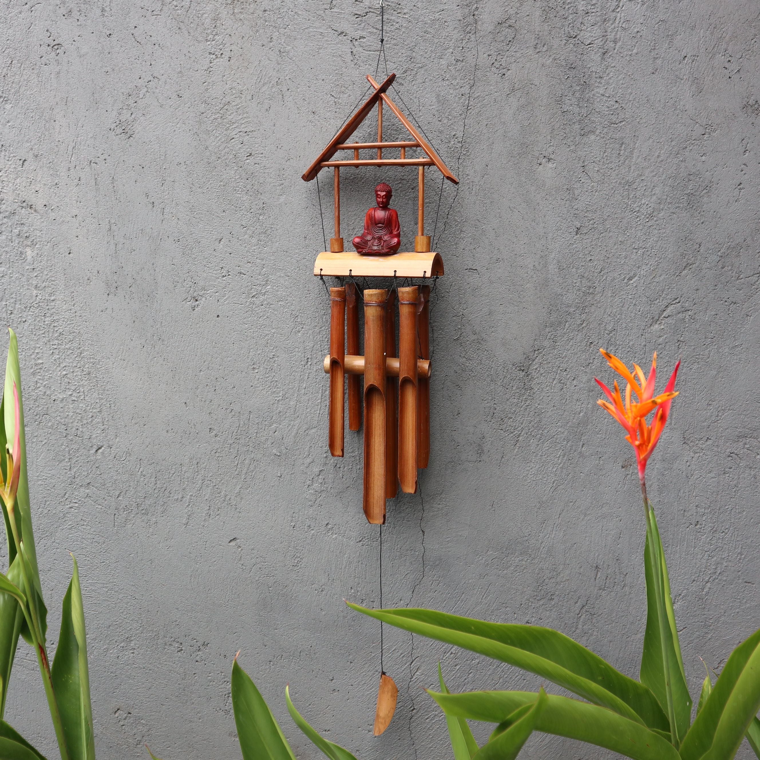 Bamboo Windchime with Brown Buddha and 6 Tubes for Relaxation