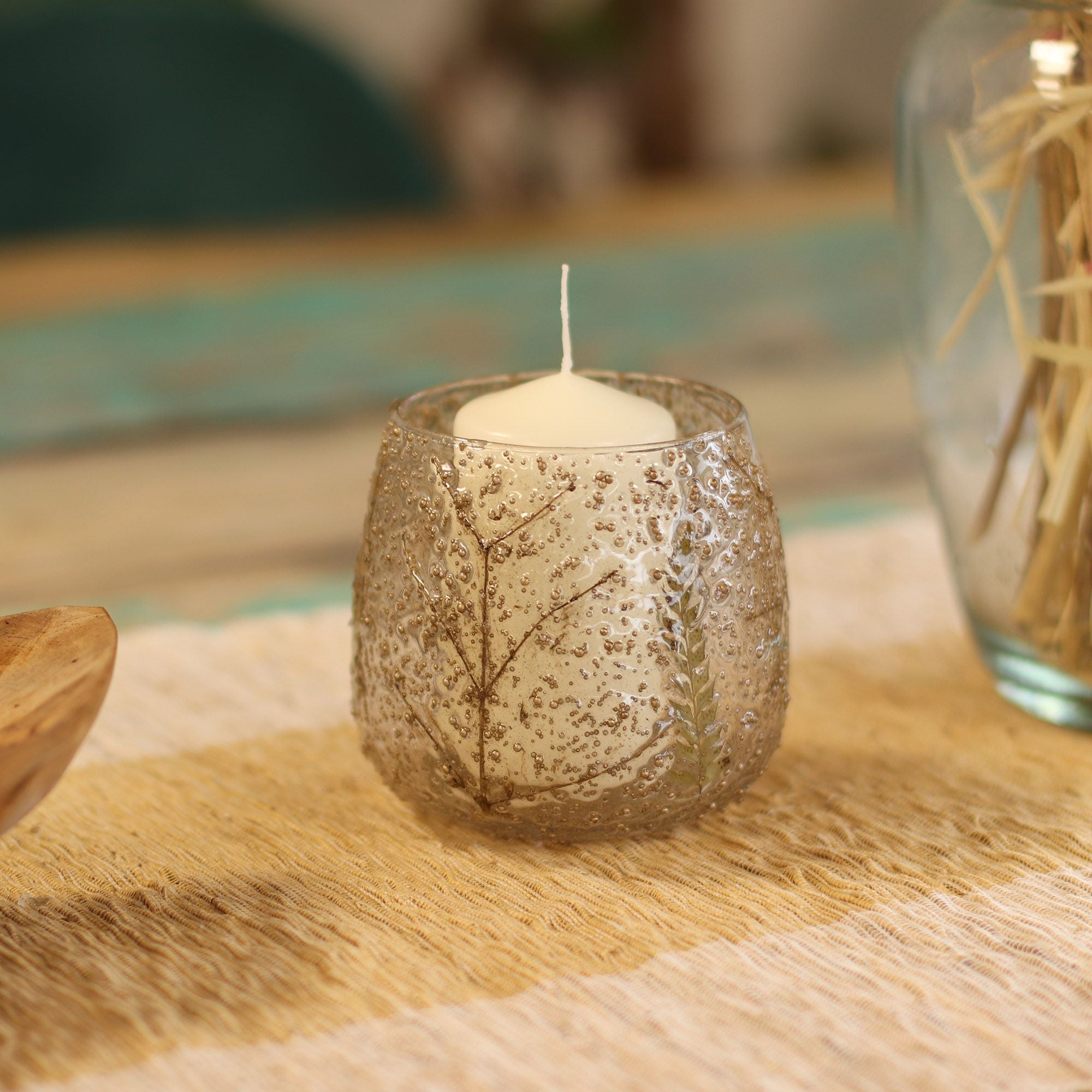 Natural Floral Glass Candle Holder Pino for Home Decor 10x9cm