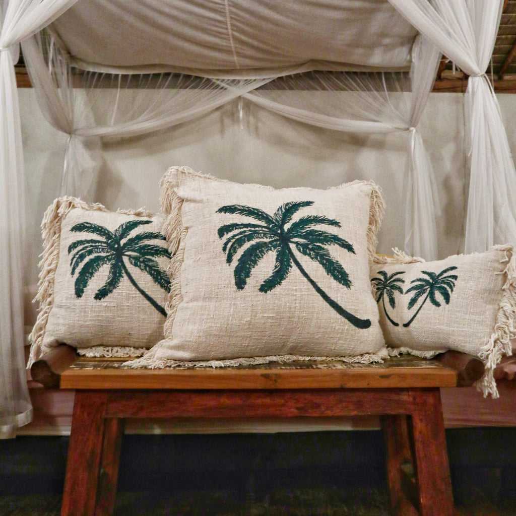 Linen Cushion Cover 30x50cm with Palm Tree and Fringe Detail