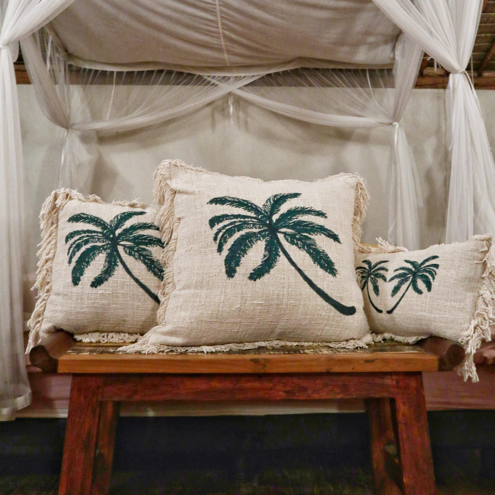 Linen Cushion Cover 30x50cm with Palm Tree and Fringe Detail