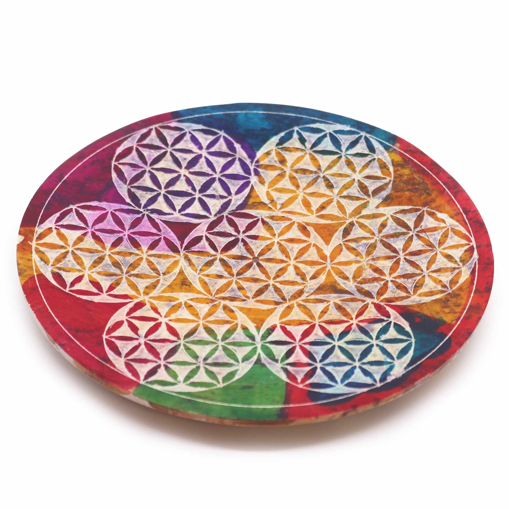 Soapstone Disc Incense Holder with 7 Flower of Life Design