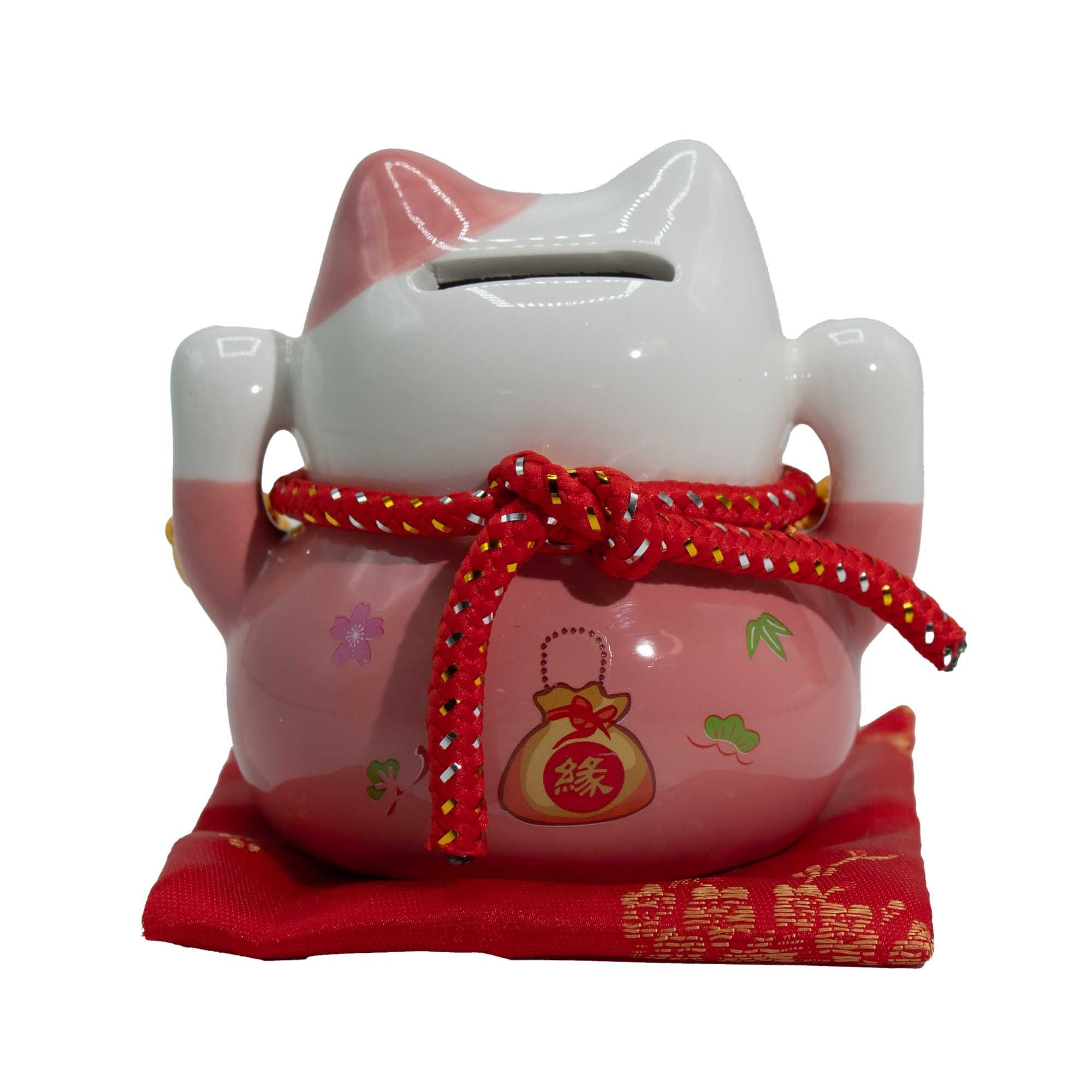 Ceramic Money Cat Bank in Pink on Cushion for Home Decor Display