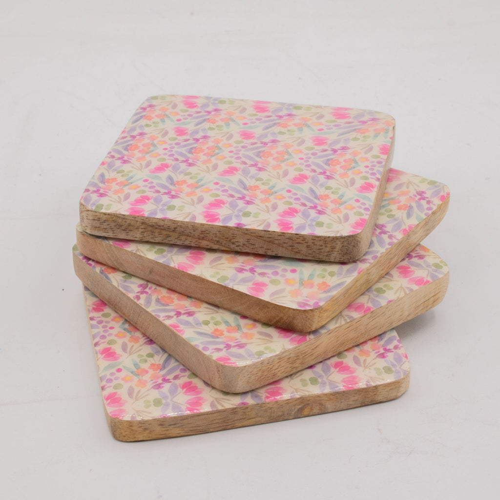 Set of 4 Square Coasters with Floral Design for Home Decor