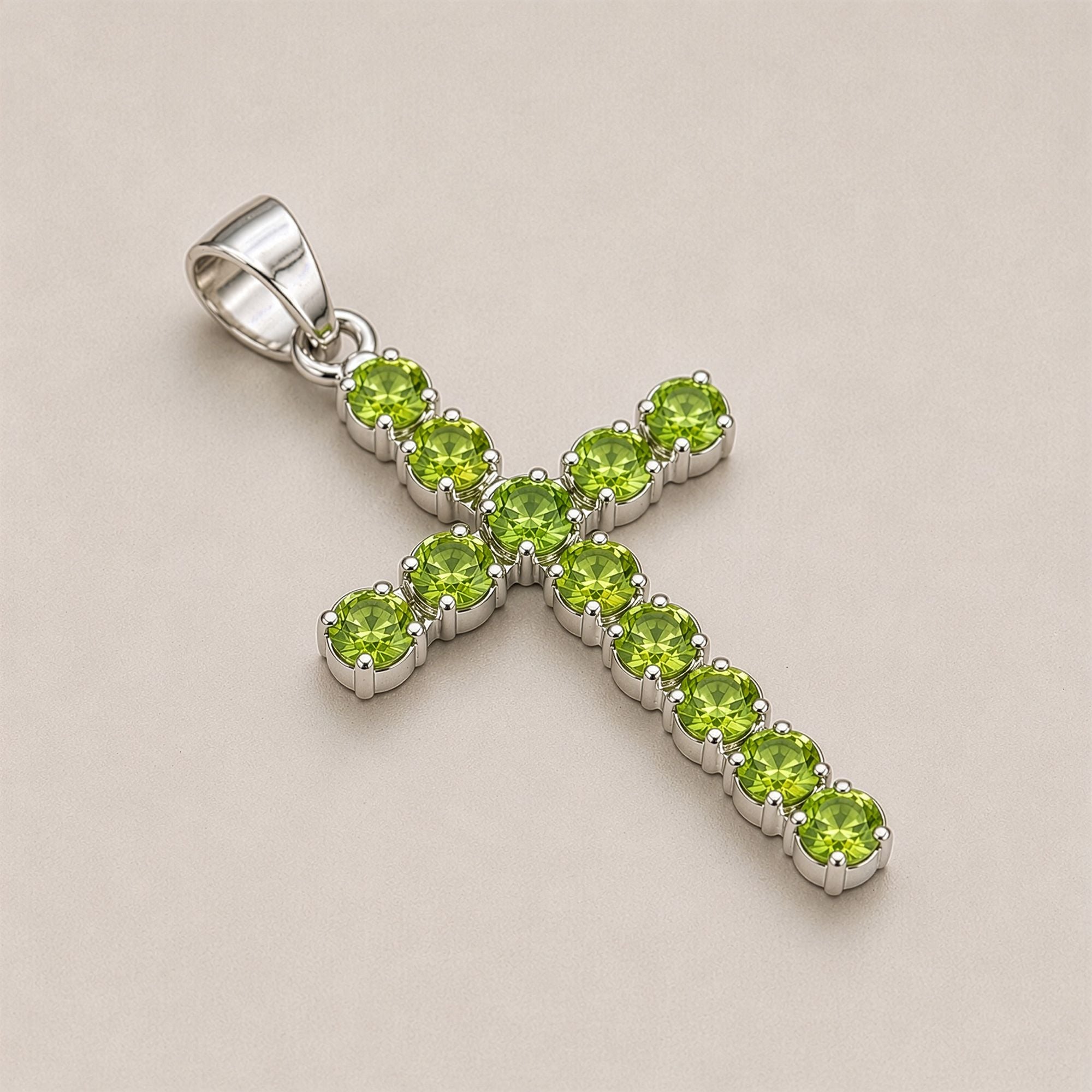 Indian Devotional Pendant - Silver Plated (45cm Chain)- Peridot Crucifix