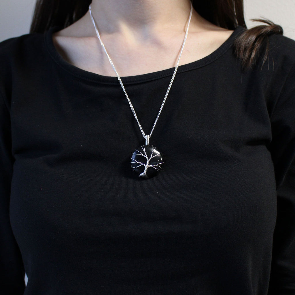 Tree of Life Gemstone Necklace with Black Onyx in Cage Design