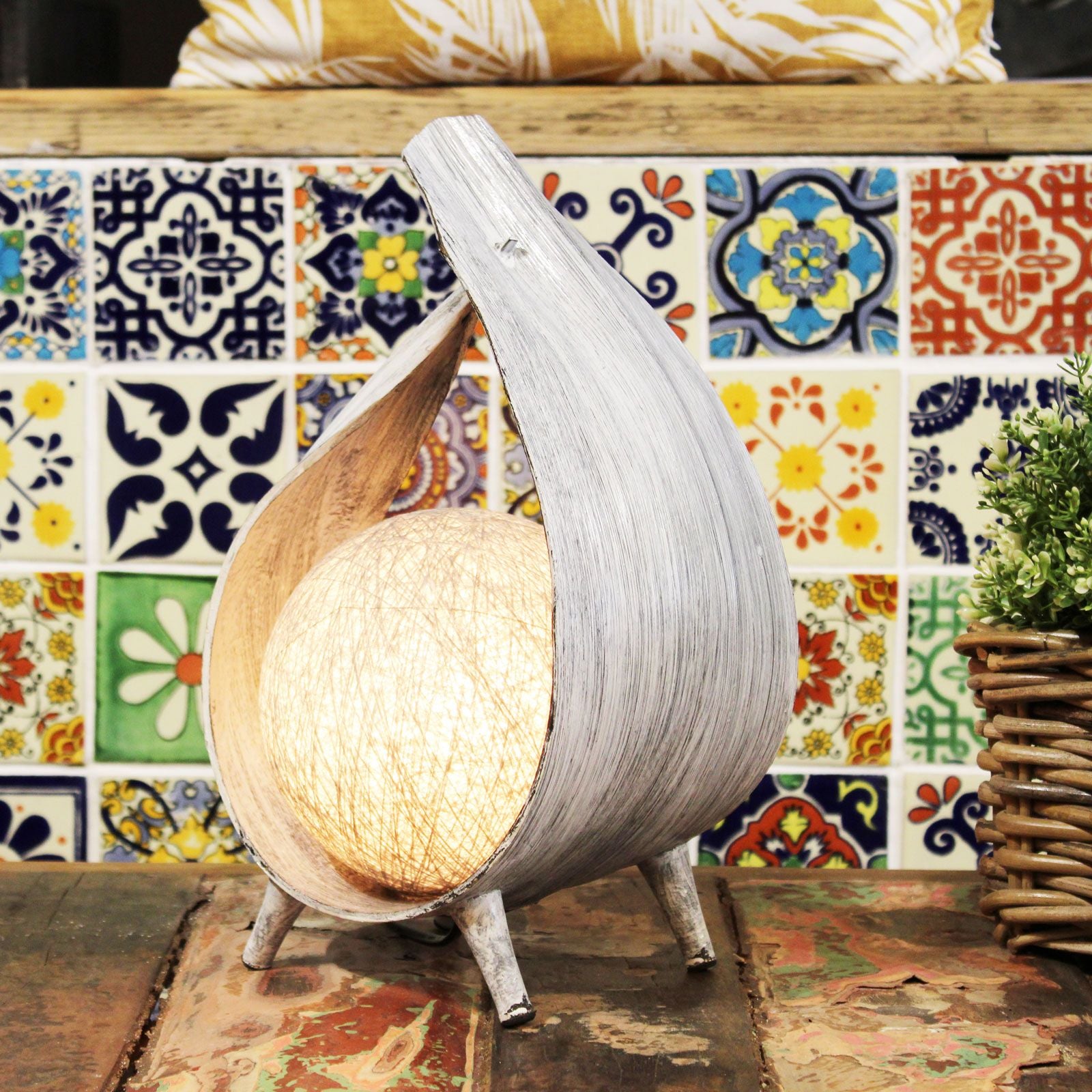 Natural Coconut Lamp with Greywash Wrapover for Unique Decor