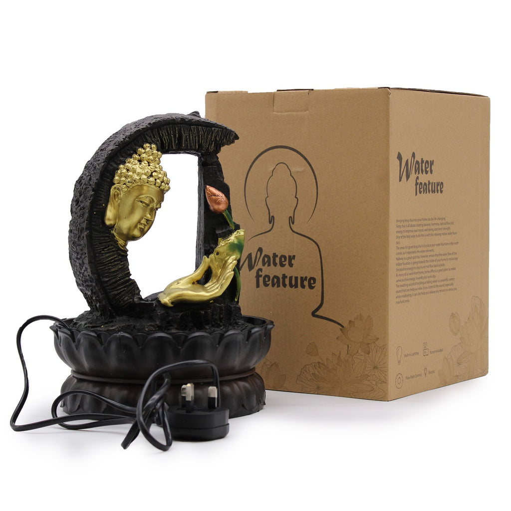30cm Golden Buddha Tabletop Water Feature with Lotus Design
