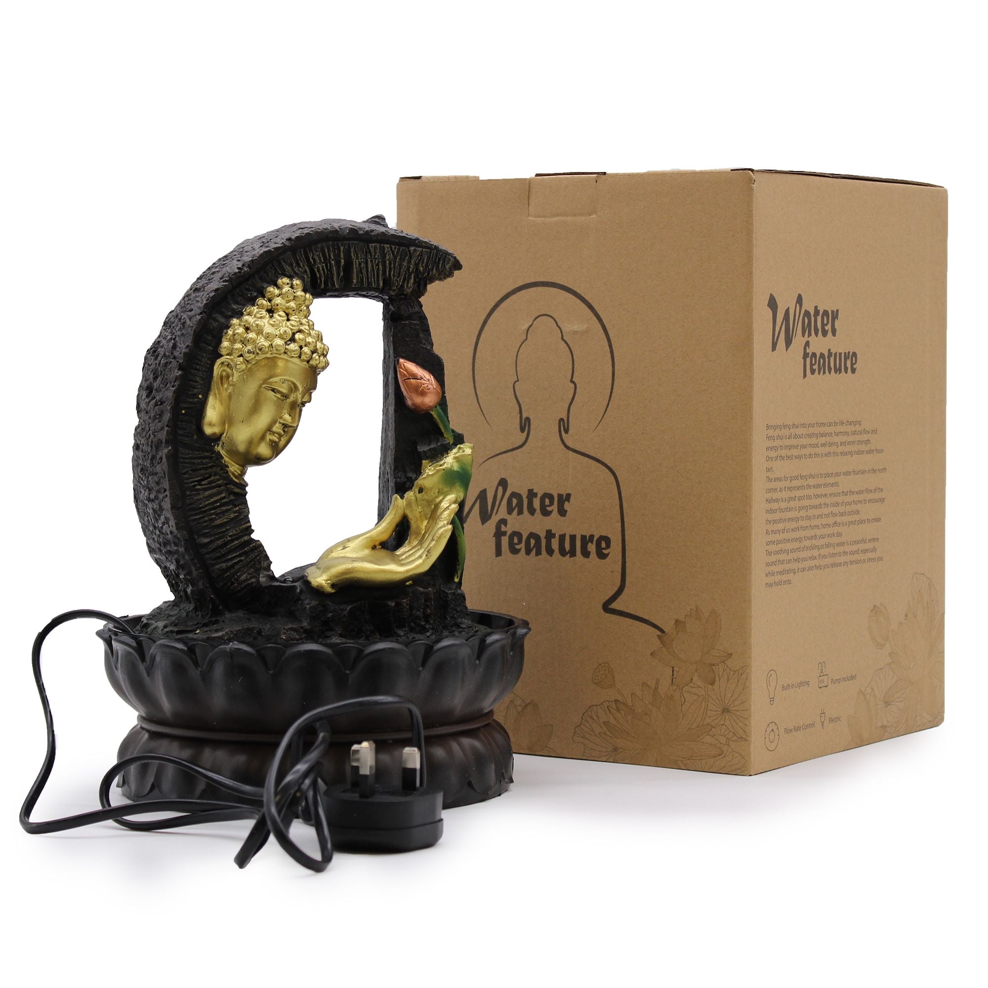 30cm Golden Buddha Tabletop Water Feature with Lotus Design