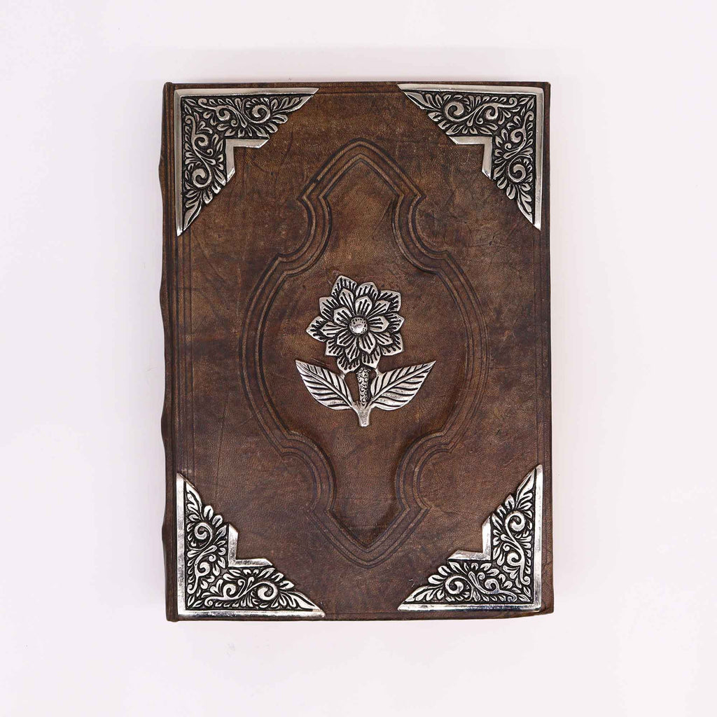 Hefty Red Tan Leather Book with Zinc Rose Decor and 200 Pages