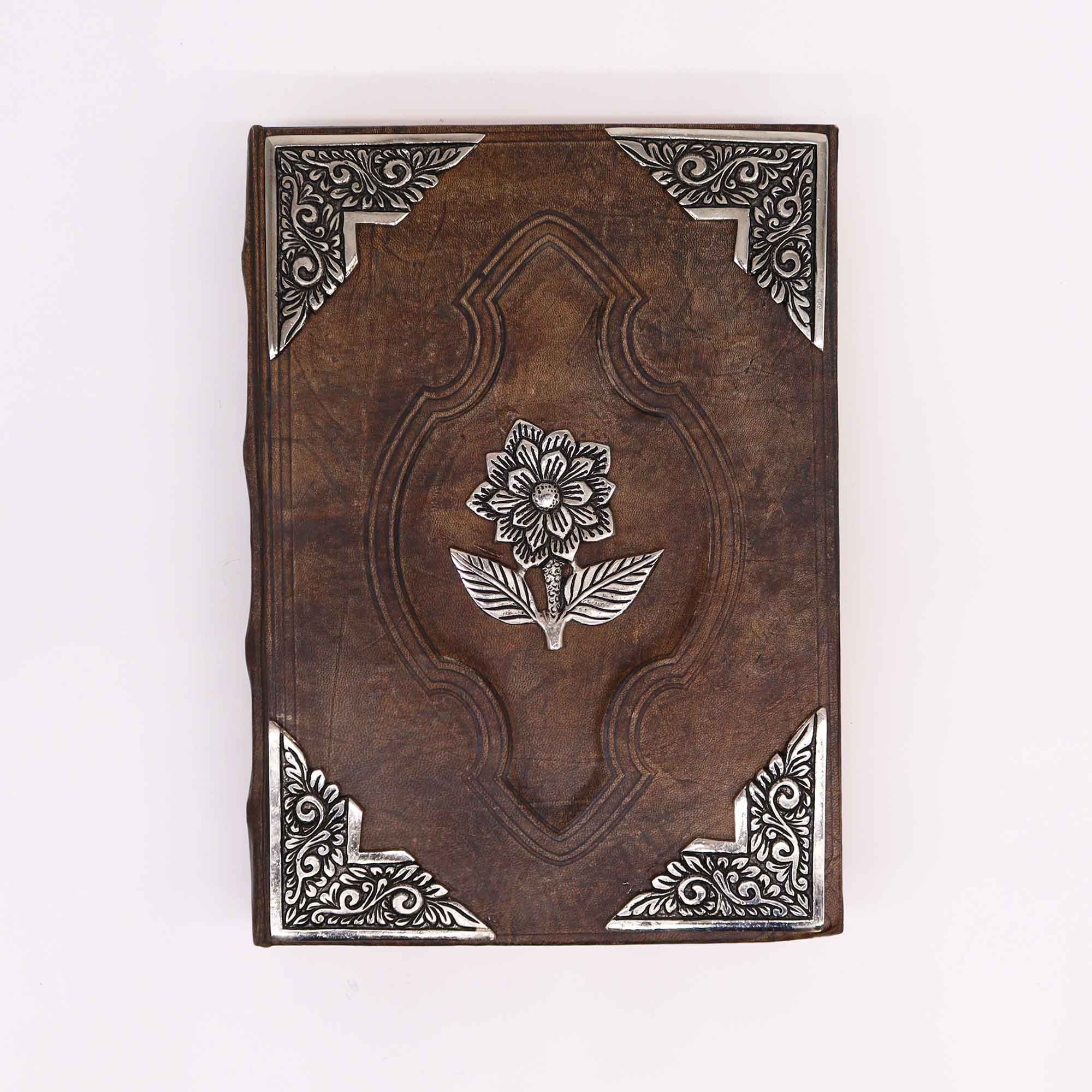 Hefty Red Tan Leather Book with Zinc Rose Decor and 200 Pages