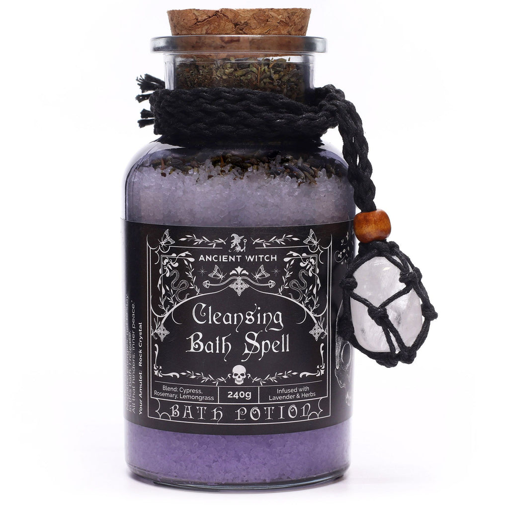 Ancient Witch Bath Spell Potion & Rock Crystal Amulet for Cleansing