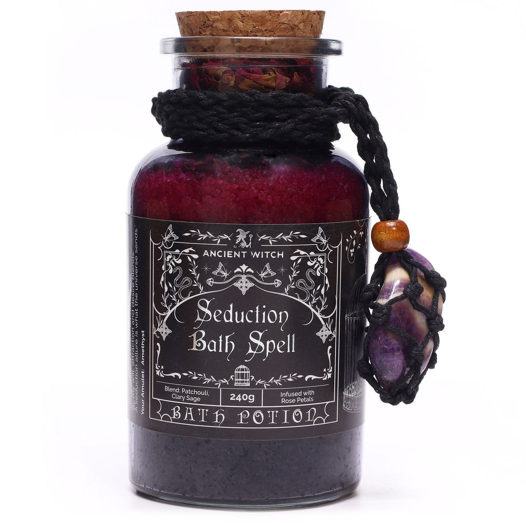 Seduction Bath Spell Potion & Amethyst Crystal Amulet for Rituals