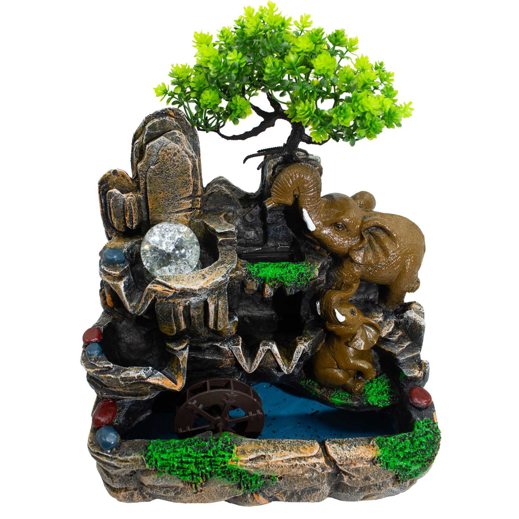 Elephants in Love Tabletop Water Feature with Light and Watermill