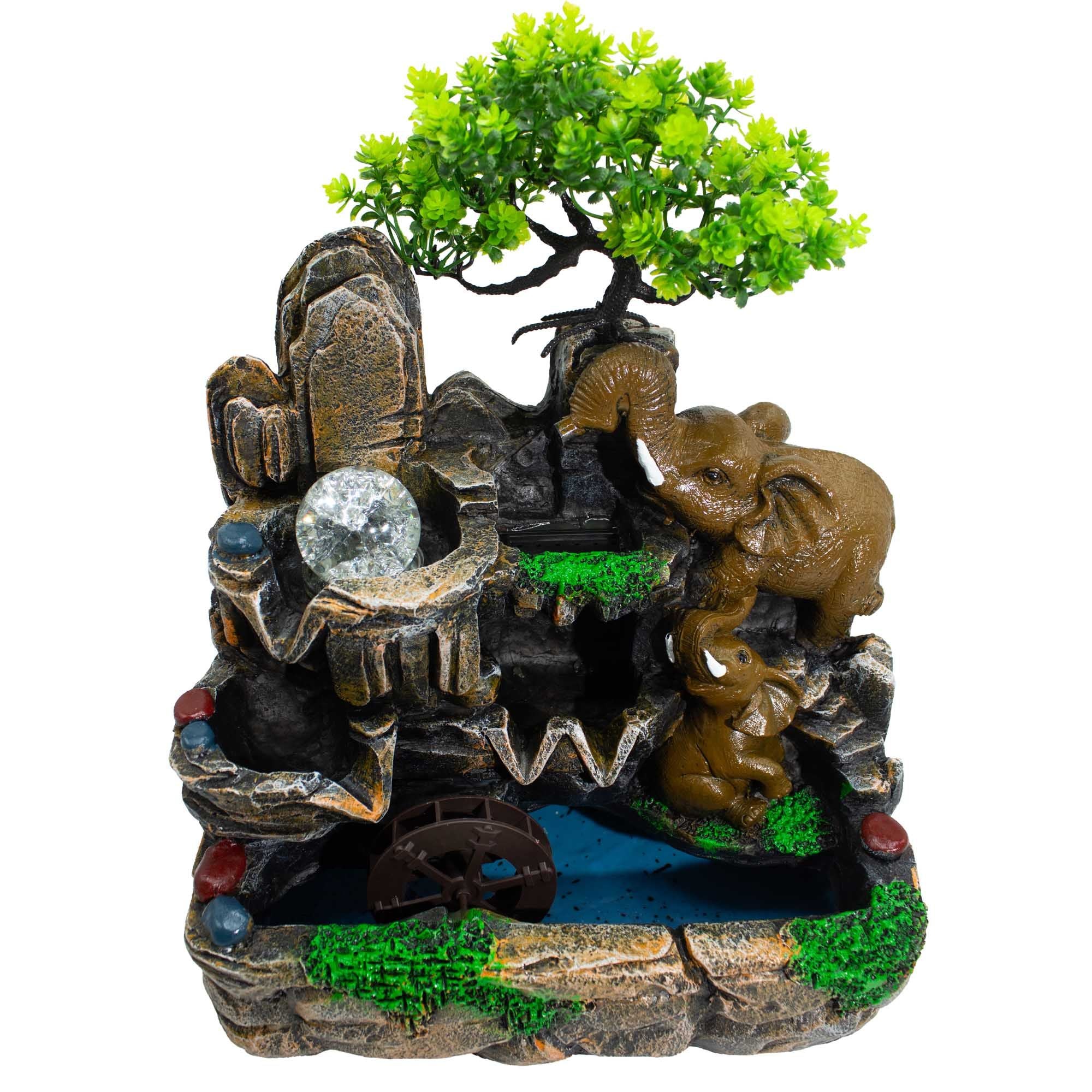 Elephants in Love Tabletop Water Feature with Light and Watermill