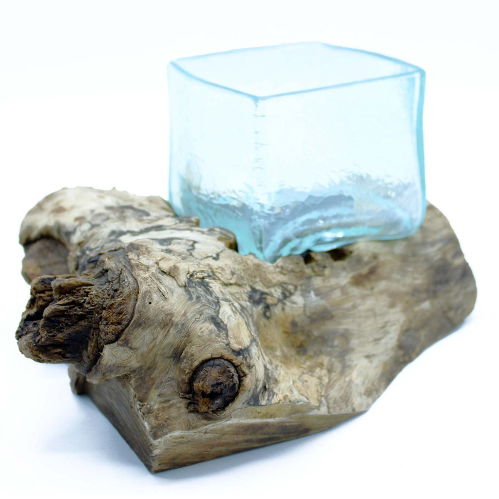 Molten Crackled Glass Tank on Wood for Unique Home Decor Piece
