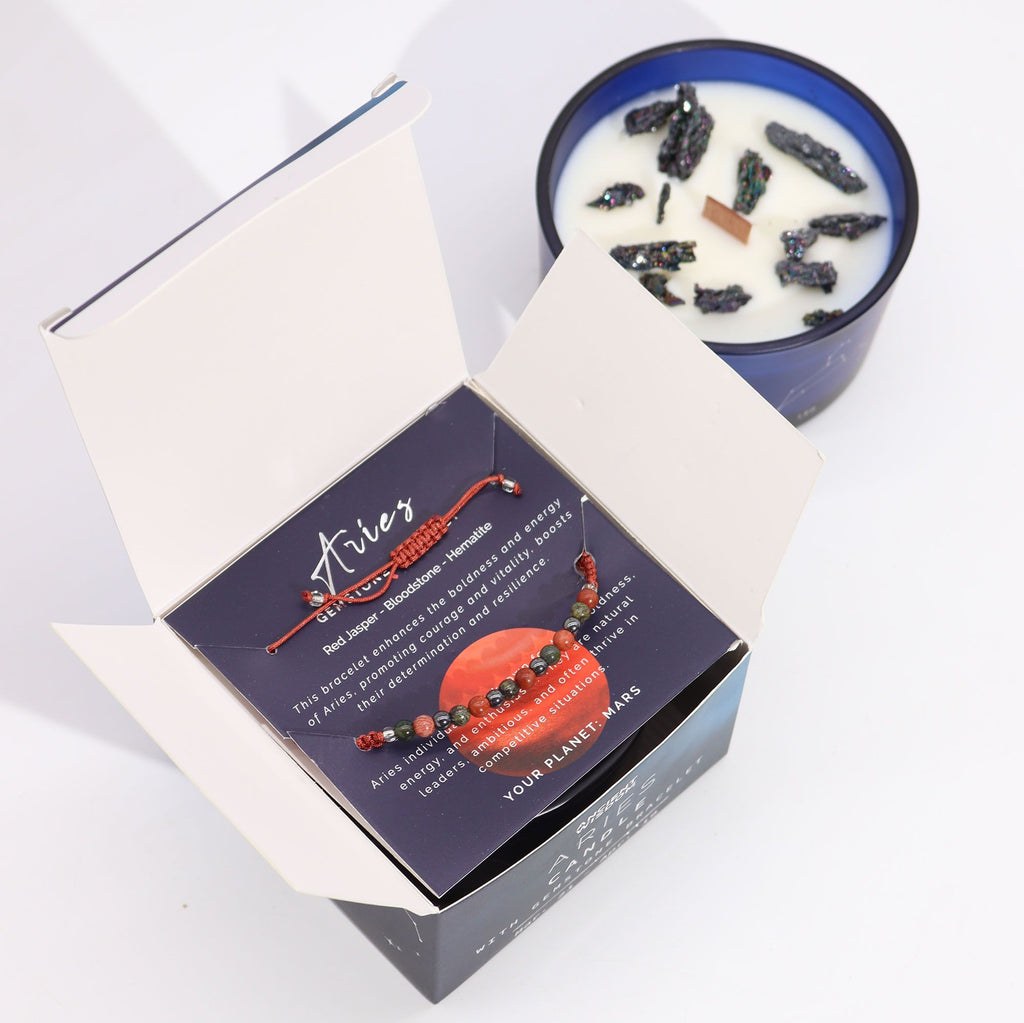 Zodiac Crystal Candle with Gemstone Bracelet for Aries Energy