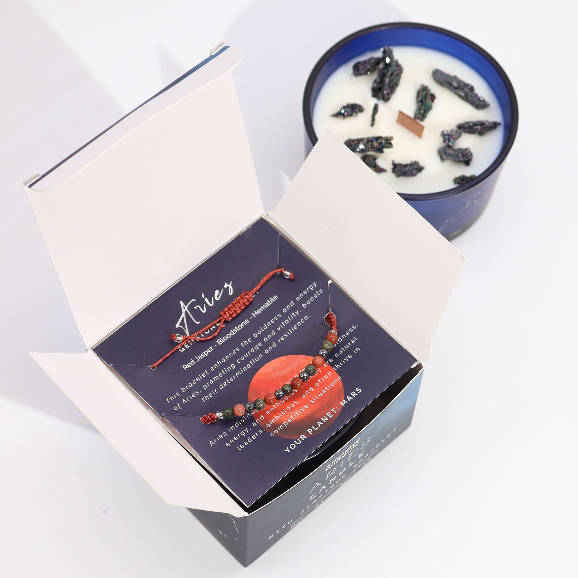 Zodiac Crystal Candle with Gemstone Bracelet for Aries Energy