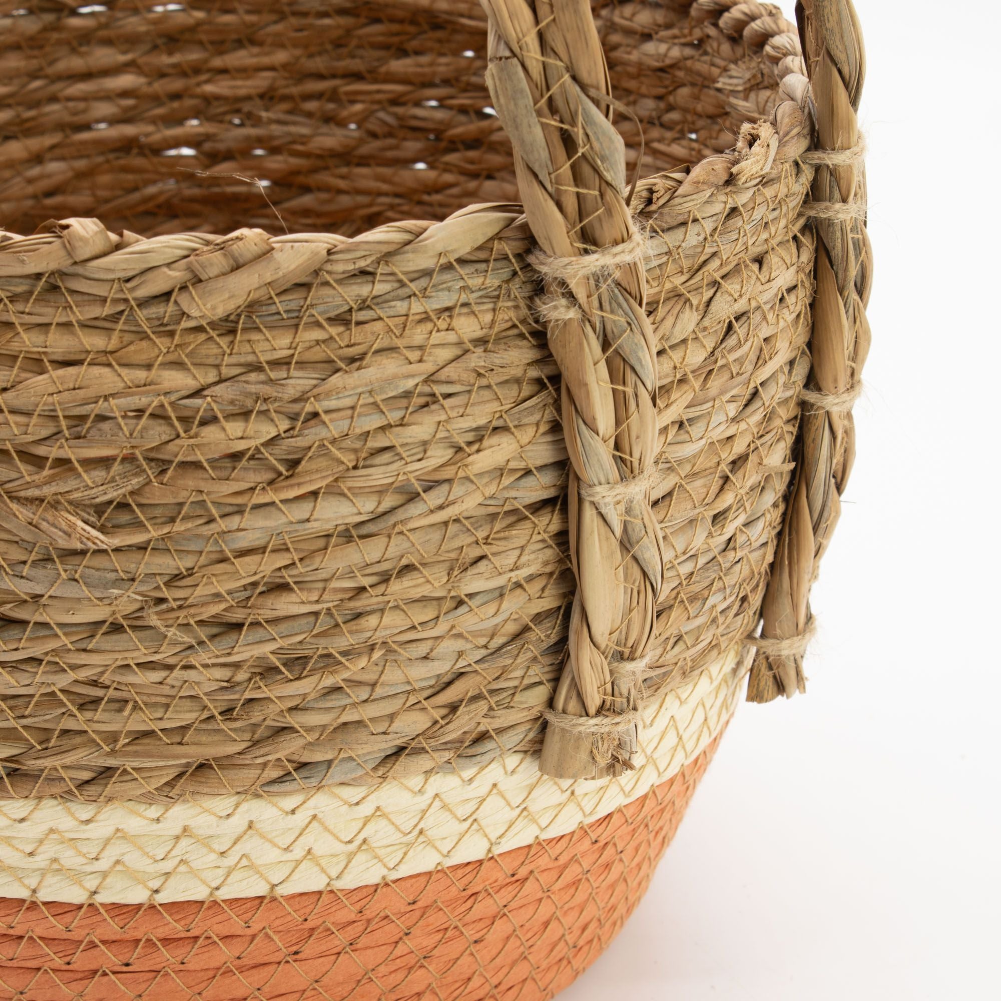 Straw and Seagrass Large Baskets Set of Three in Natural Orange
