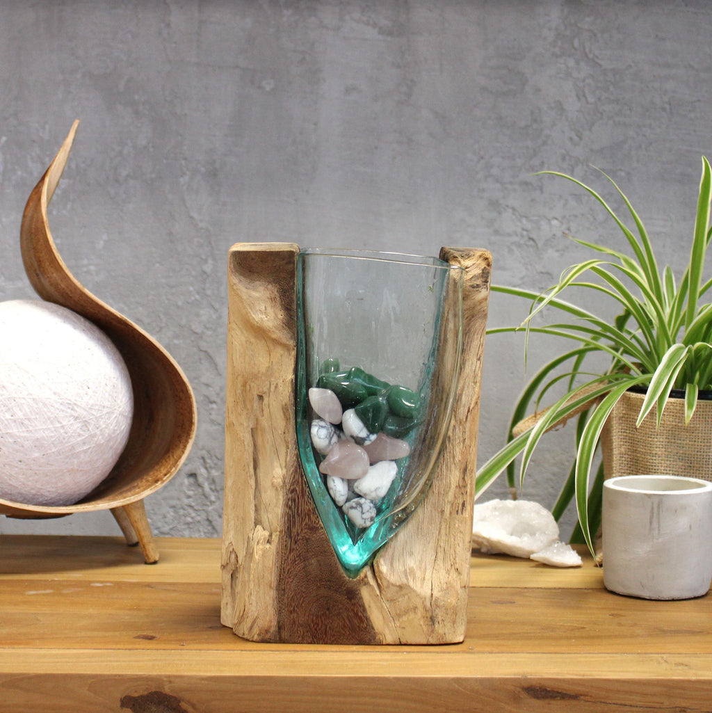Molton Glass V Shaped Art Vase on Wood for Home Decor