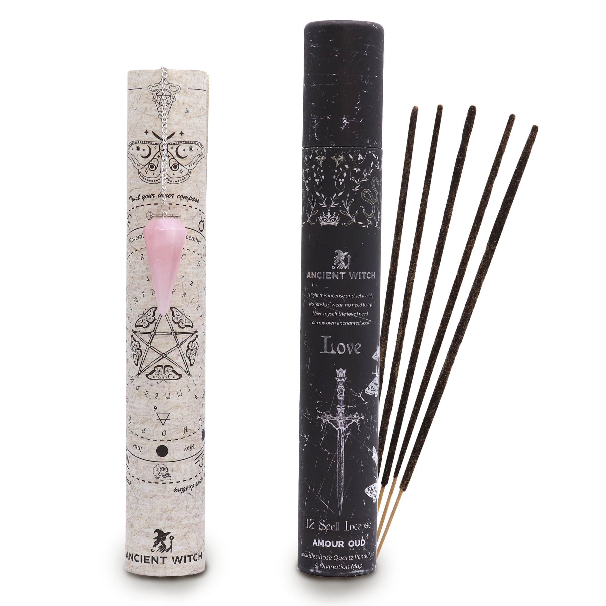 Ancient Witch Spell Incense Love Set with Rose Quartz Pendulum