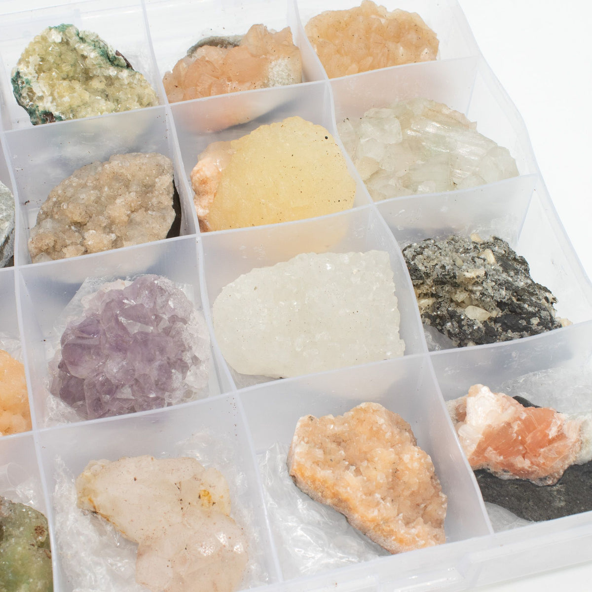 Mineral Specimens - Mixed Indian Zeolites in a Display (White Apophyllite, Stilbite,Finger Quartz, Amethyst, Green Stilbite, Heulandite)