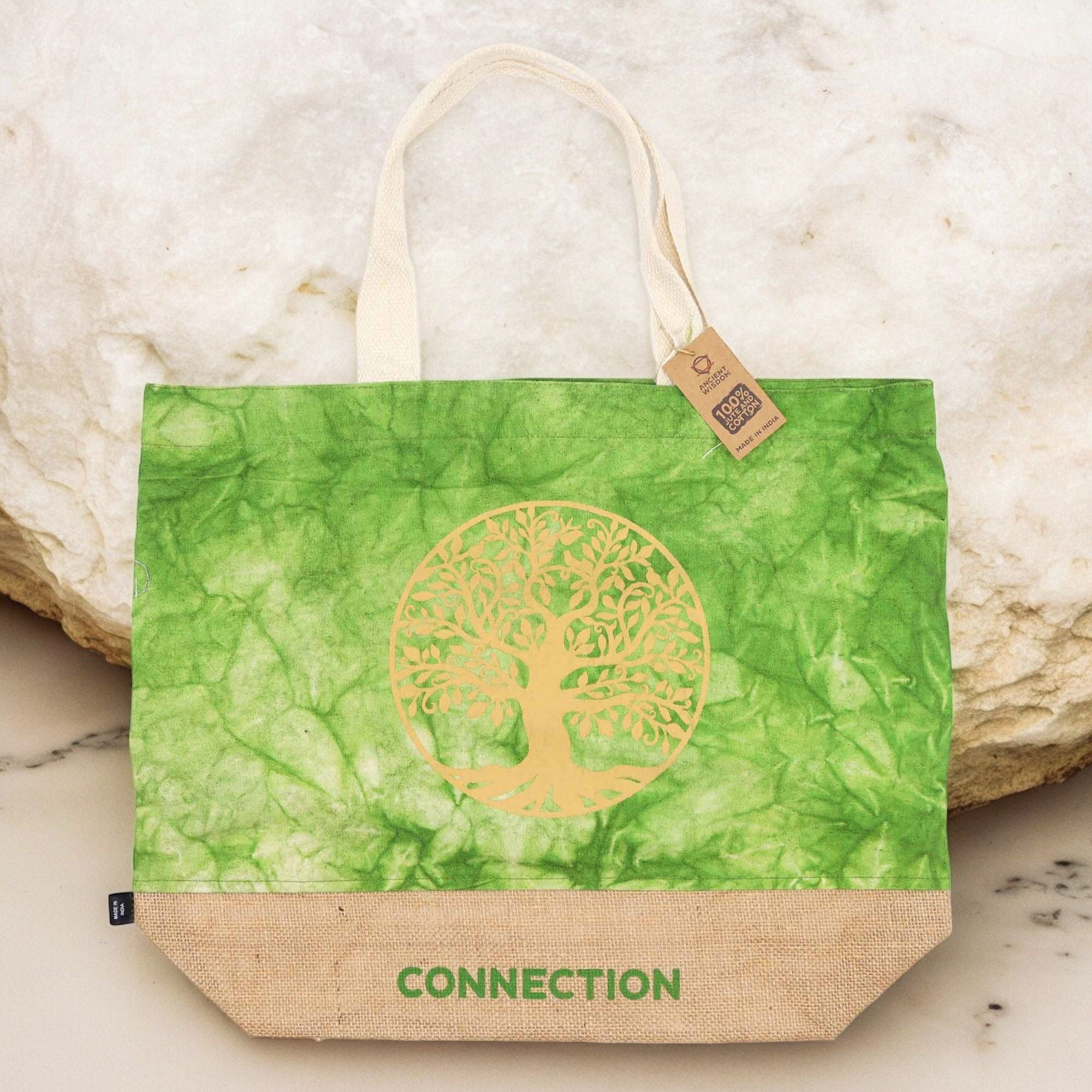All Natural Bag in Green Stonewash Featuring Tree of Life Design