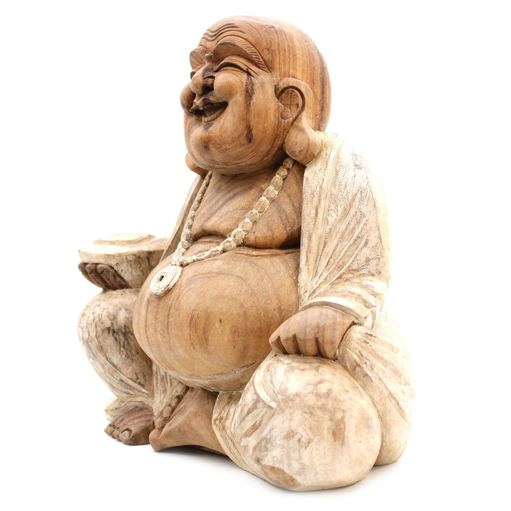 Happy Buddha Whitewash Hand Carved Statue 40cm for Home Decor