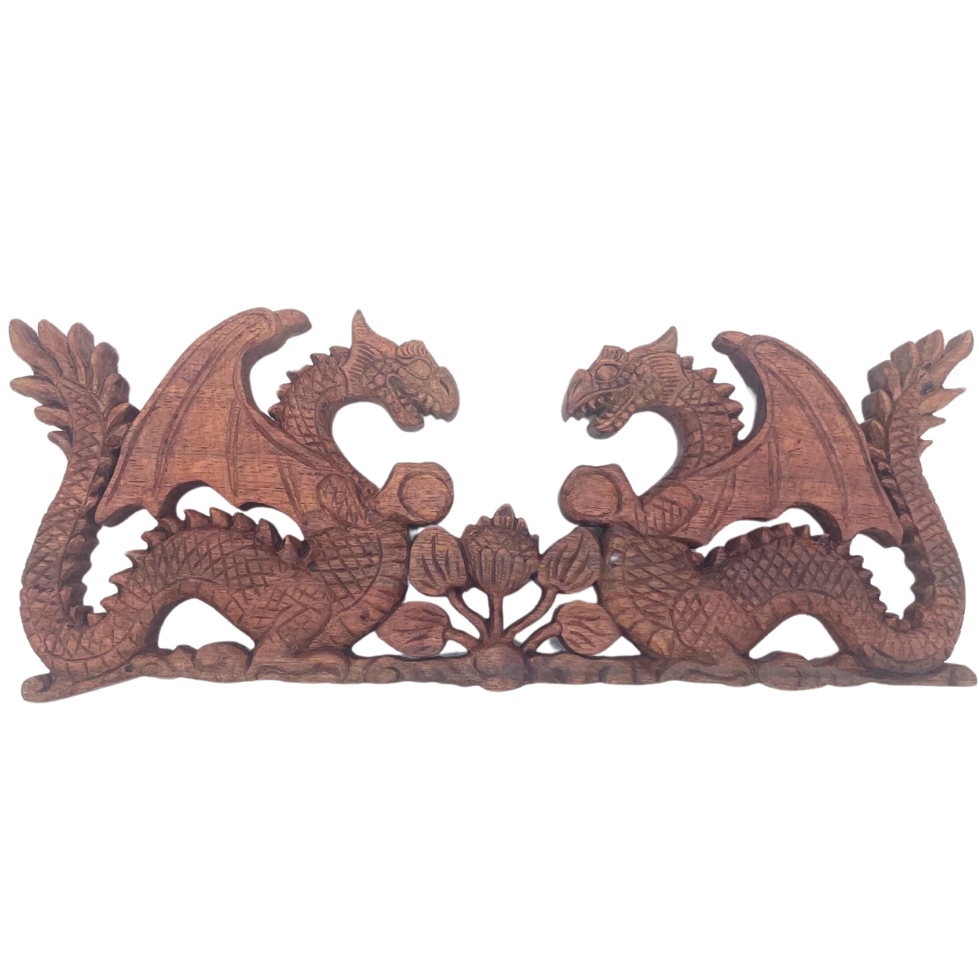 Two Facing Dragon Plaque Carving Decorative Wooden Art Piece