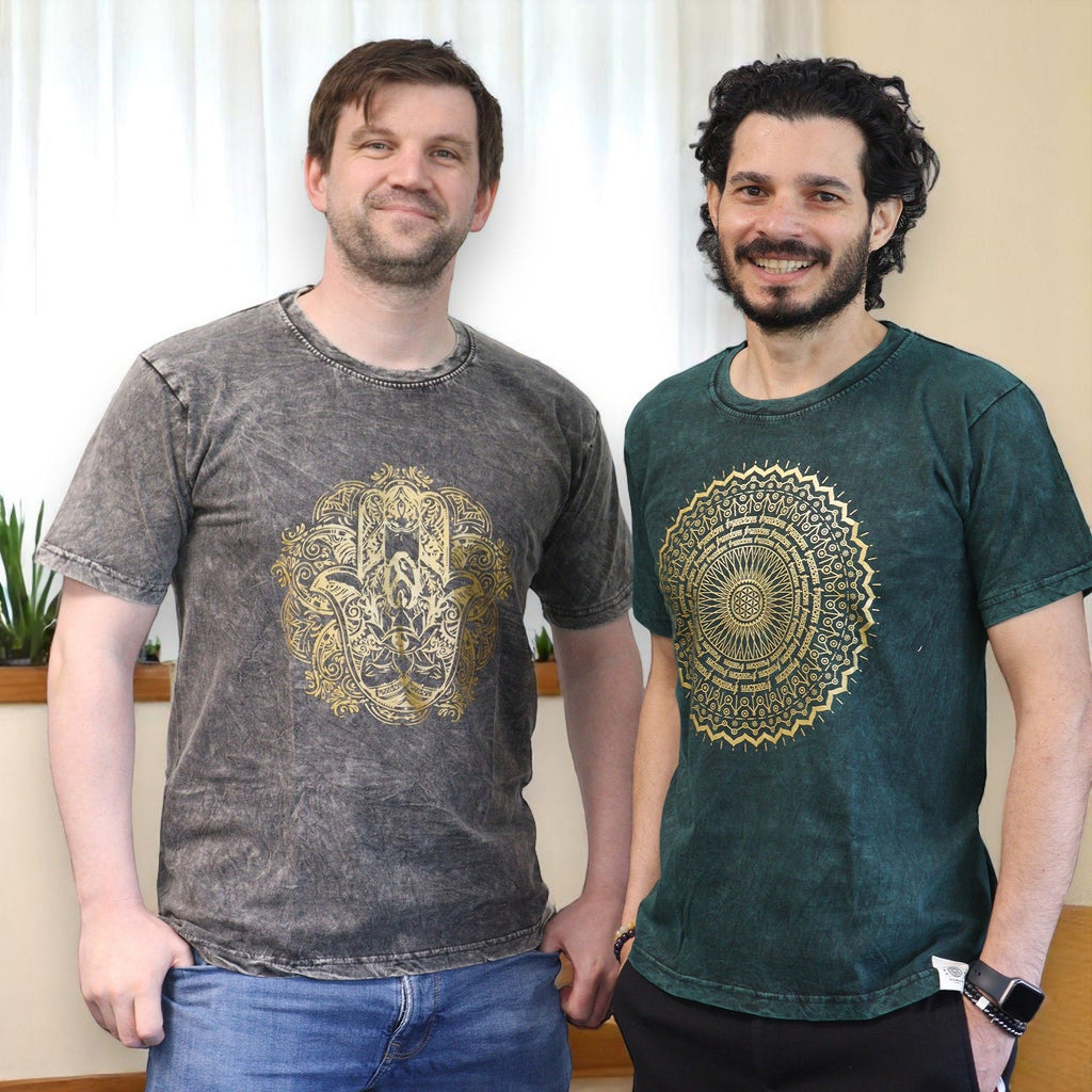 Nomad Sari Stonewashed Cotton T Shirt with Hamsa in Dark Grey