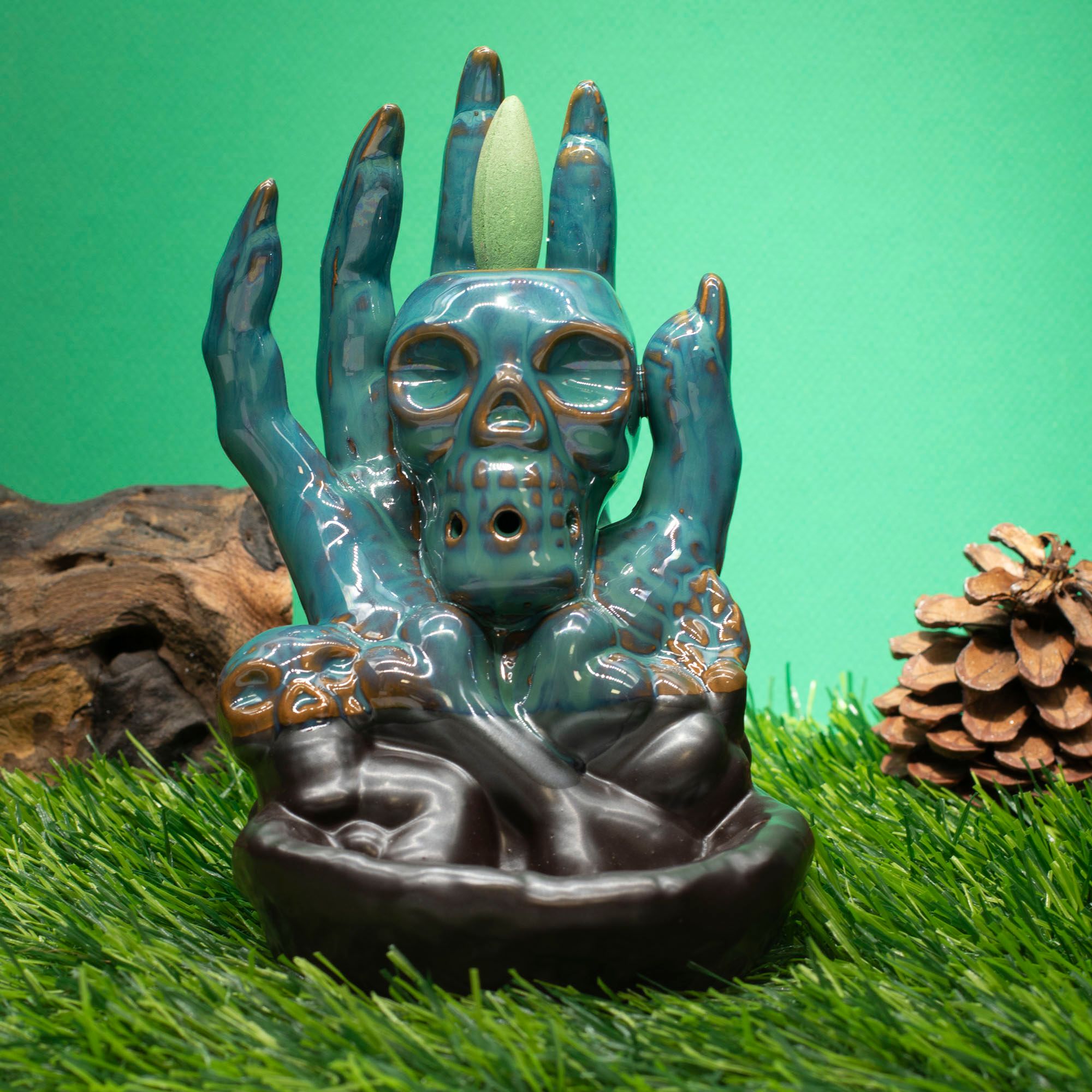 Skull in Hand Backflow Incense Burner for Dramatic Home Décor