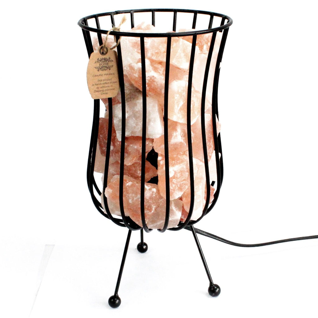 Tall Salt Rock Brazier with Pink Salt Chunks and Light Fitting