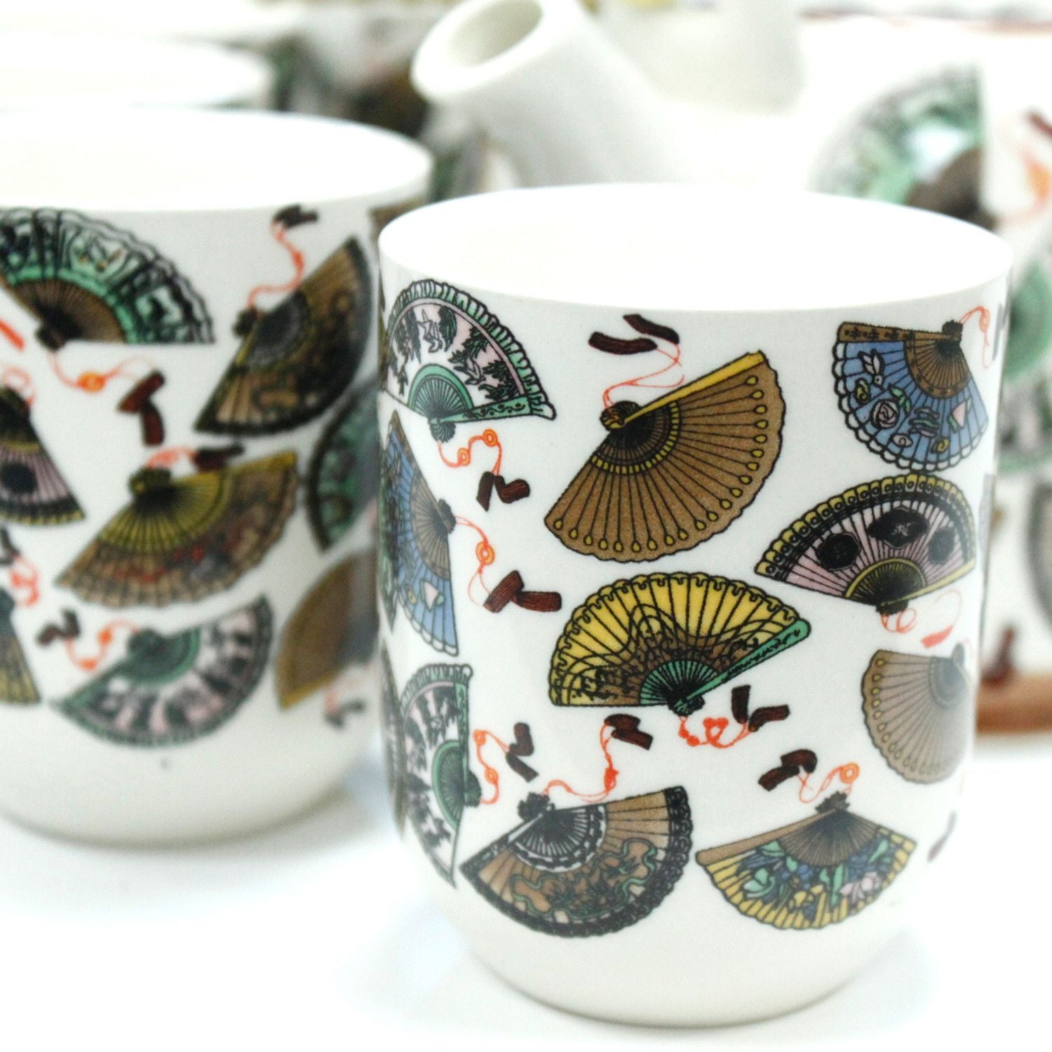 Herbal Teapot Set with China Fans Design and Six Matching Cups