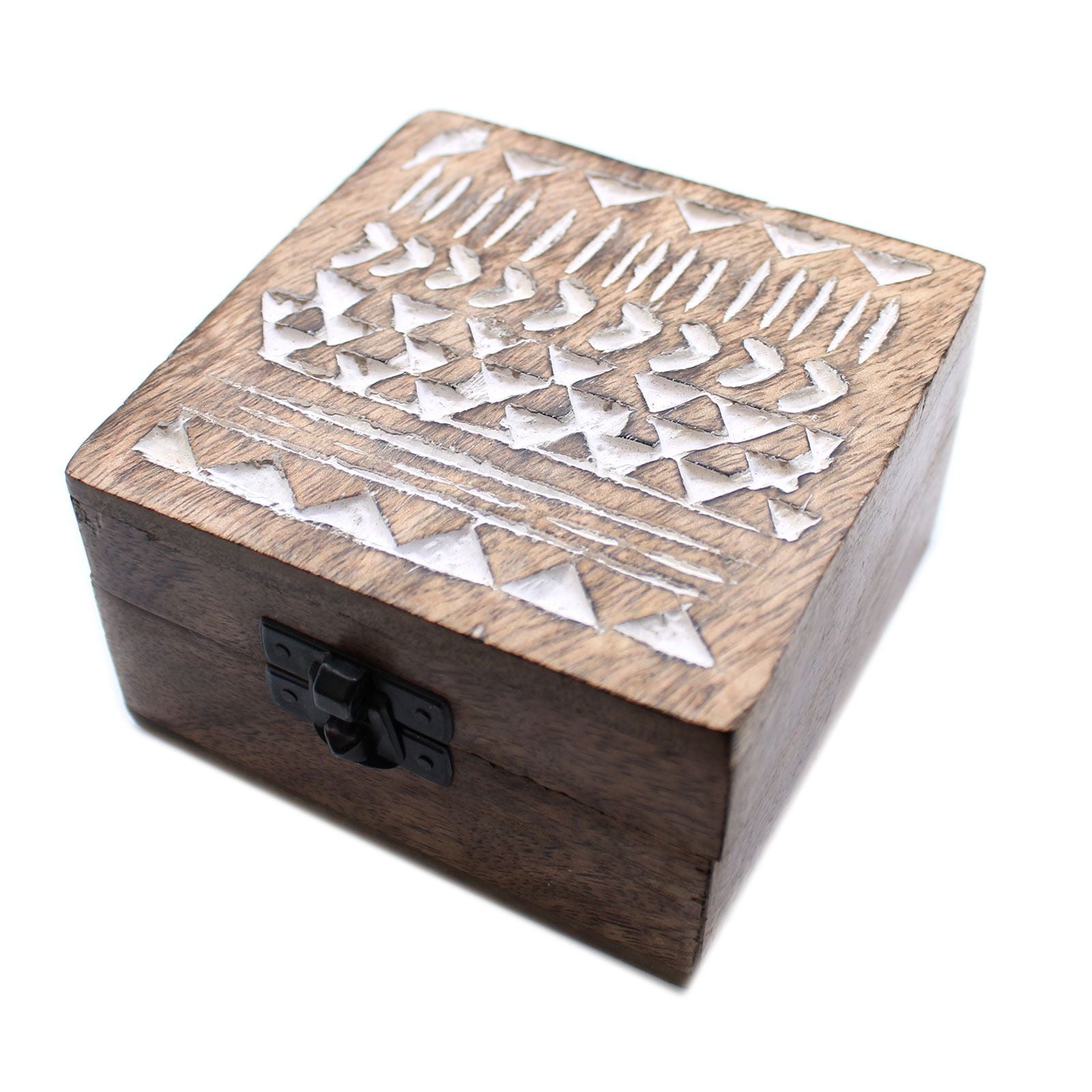 White Washed Wooden Box with Aztec Design for Stylish Storage