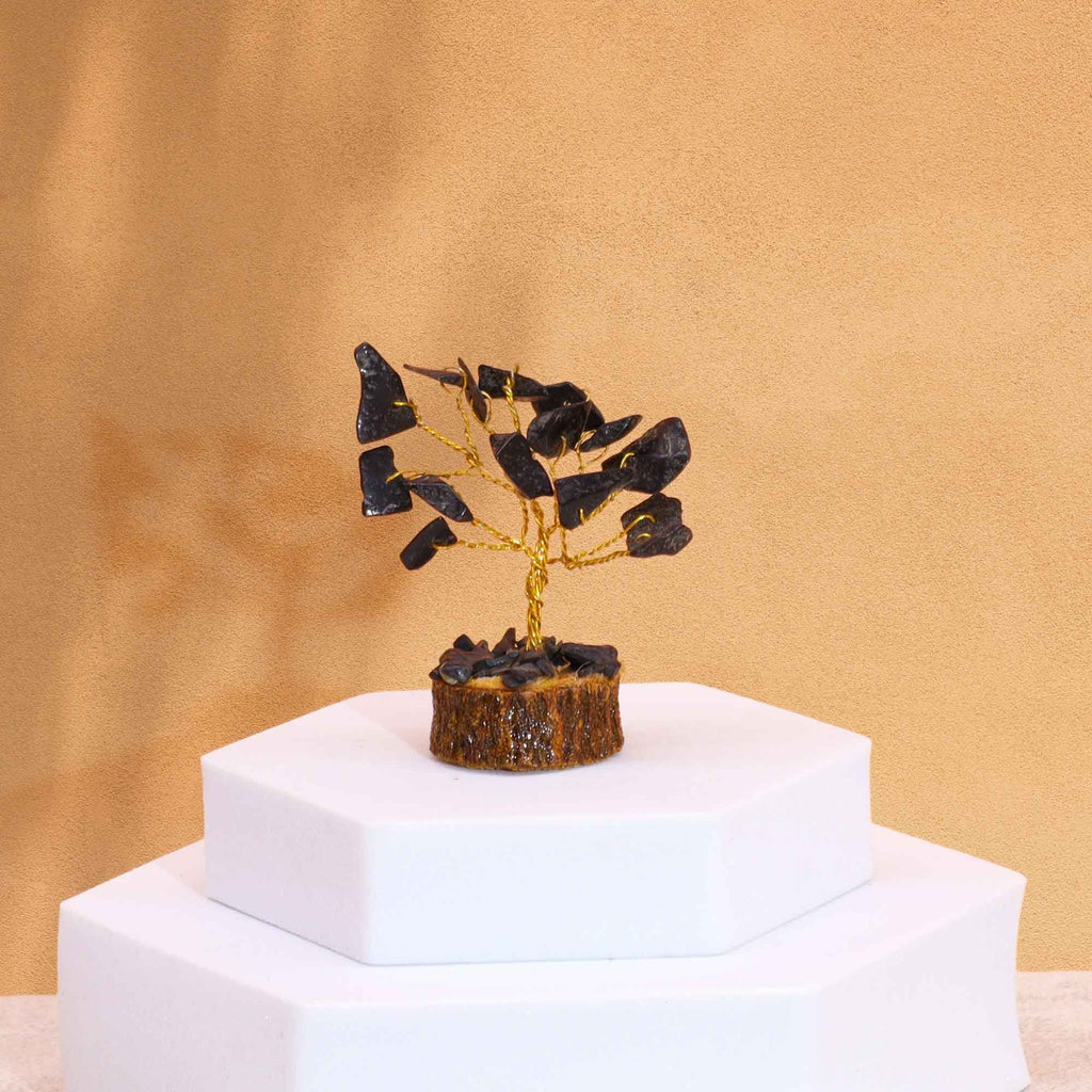 Mini Gemstone Tree on Wood Base with 15 Black Agate Stones