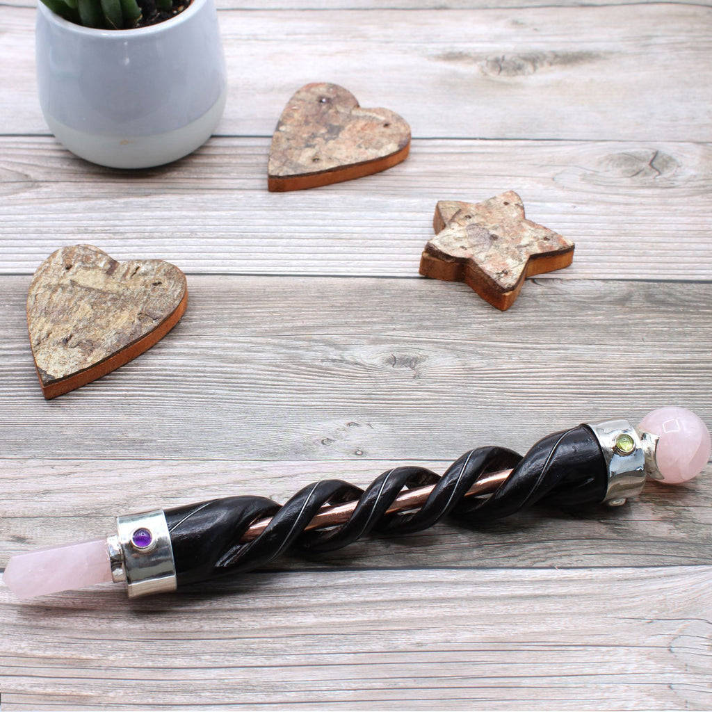 Spiral Carving Healing Wand with Copper Pipe and Rose Quartz Design