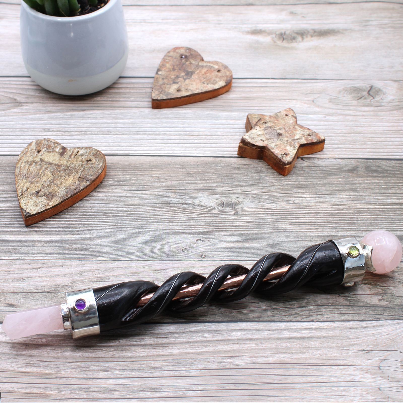 Spiral Carving Healing Wand with Copper Pipe and Rose Quartz Design