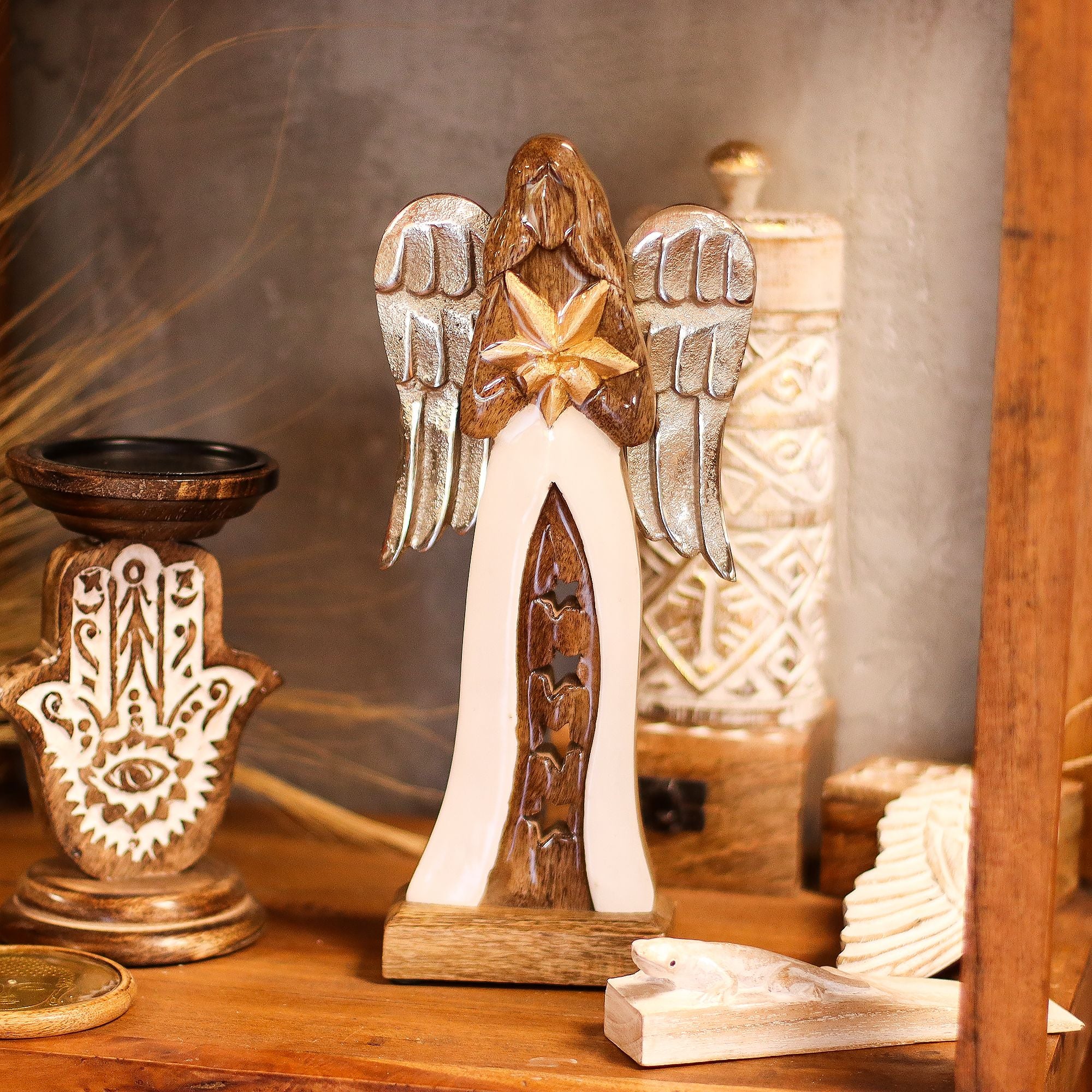 Large Mango Wood Star Angel with Metal Wings and Enamel Detail