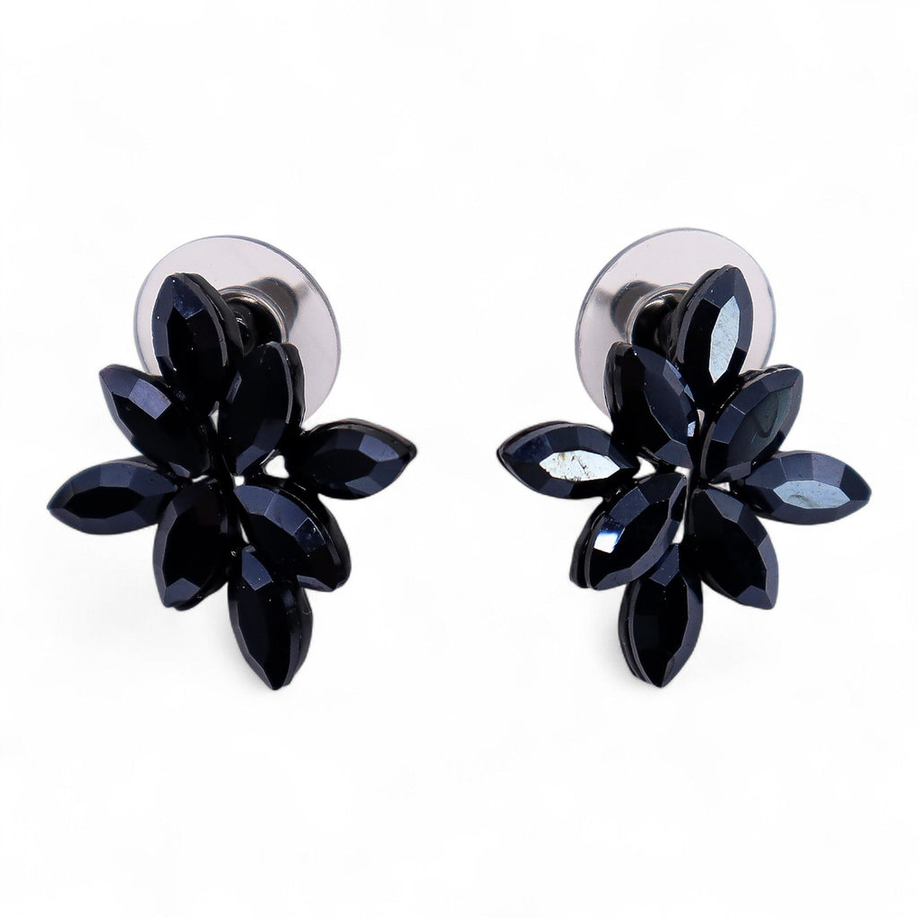 Jet Black Vintage Glass Flower Earrings for Evening Wear Elegance