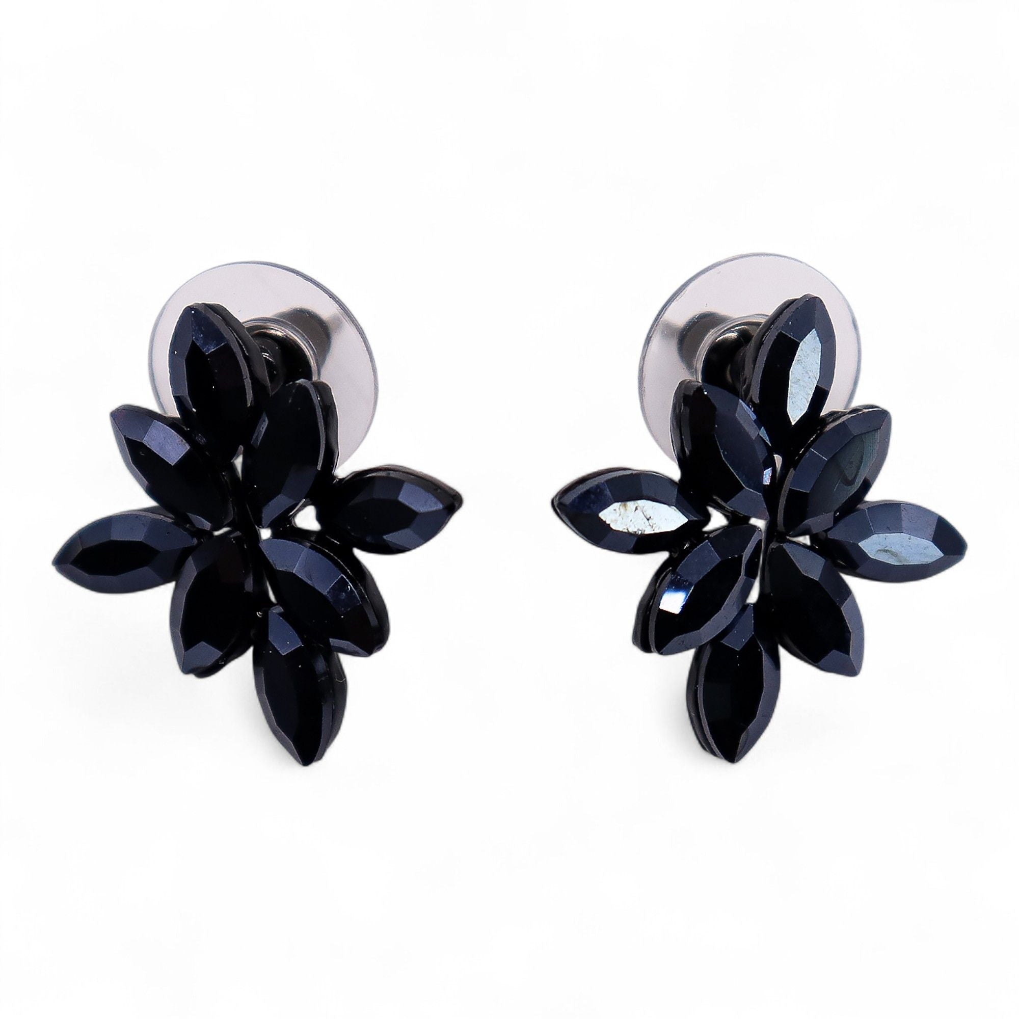 Jet Black Vintage Glass Flower Earrings for Evening Wear Elegance
