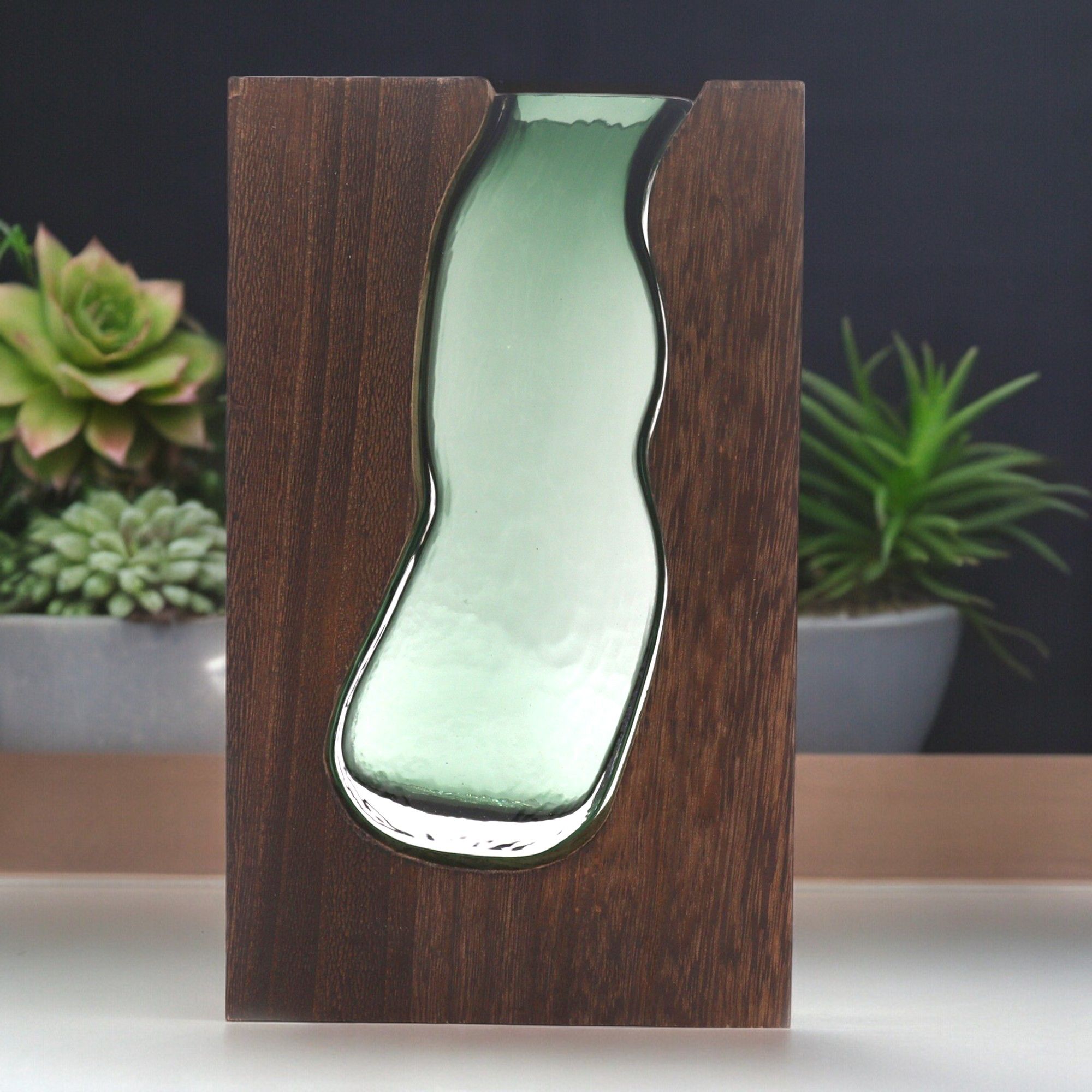 Glass Vase Terrarium Inside Dark Tung Wood Base for Decor
