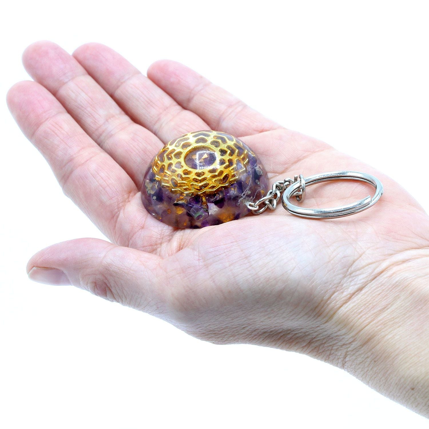Orgonite Power Keyring with Amethyst Mandala Hearts Design