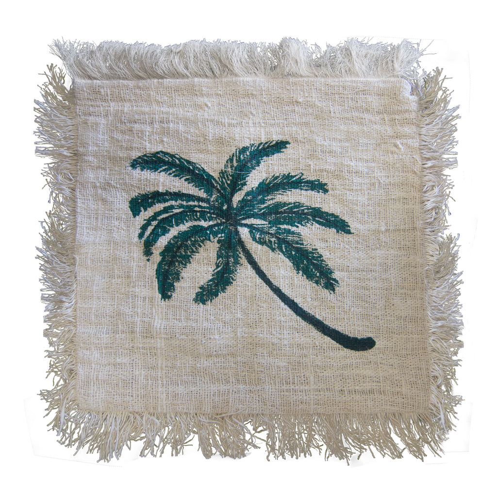 Linen Cushion Cover 60x60cm with Palm Tree and Fringe Design